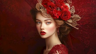 复古红玫瑰造型的优雅女子