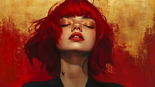 红发闭眼女子的独特魅力