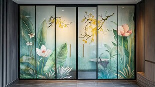 中式手绘花卉玻璃移门