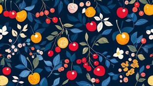 深蓝背景多彩水果花卉图案