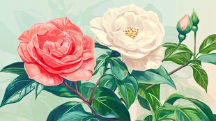 娇艳双色茶花绽放画面