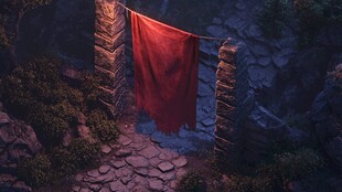 山间石径上的红色布幔