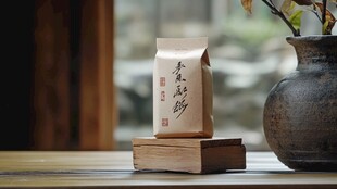 中式茶包静置于古朴木桌