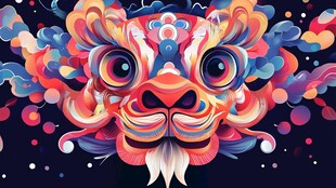 彩色动感舞狮头艺术插画