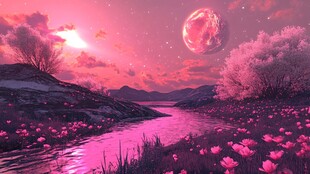 梦幻粉紫星球下的河畔花景