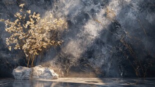 金色树木于岩石旁的光影景致