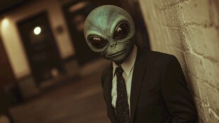 外星装扮男子靠墙而立