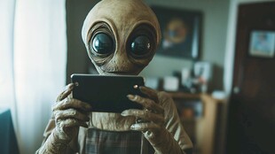 外星生物专注玩手机瞬间