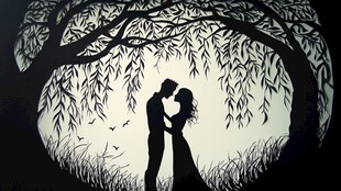 月下情侣依偎浪漫剪影