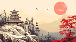 日式山林古亭落日美景