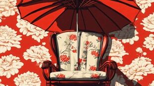 复古红伞下的花卉图案座椅