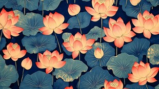 深蓝背景下的绚烂荷花图案