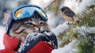萌猫雪地装扮与小鸟同框