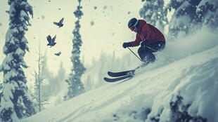 滑雪者在雪林间飞驰