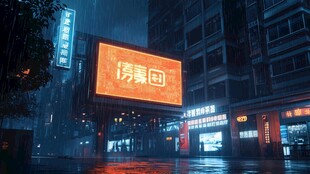 雨夜街头的美团醒目广告牌