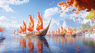 江上战船列阵 秋色壮美