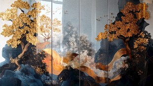 中式金松山水艺术屏风