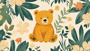 小熊置身花草间的可爱画面