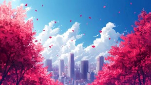 浪漫樱花下的梦幻都市景观