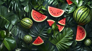 西瓜与绿叶营造清新氛围
