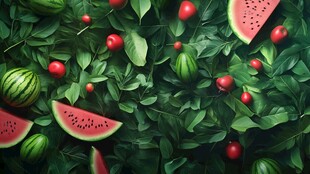 西瓜红果绿叶的清新画面