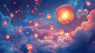 梦幻夜空放飞灯美景