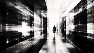 孤独身影穿行于光影长廊