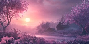 梦幻粉紫调的黄昏乡村景致