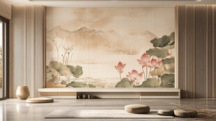 中式客厅的水墨荷花背景墙