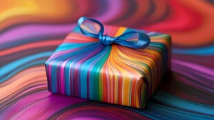 多彩条纹礼品盒与梦幻背景