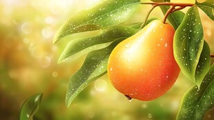 枝头鲜梨挂 绿叶伴珠露