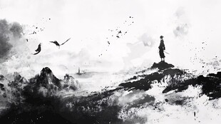 水墨意境中一人独立山巅