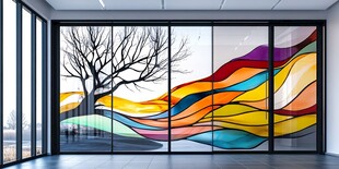 多彩抽象树艺术玻璃隔断