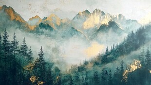 山间晨雾中的葱郁森林