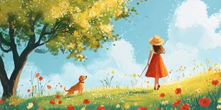 女孩牵狗漫步烂漫花丛中