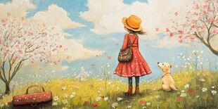 女孩携狗漫步春日花海