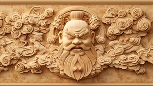 中式浮雕 威严神将与云纹