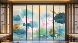 中式水墨荷花屏风装饰画