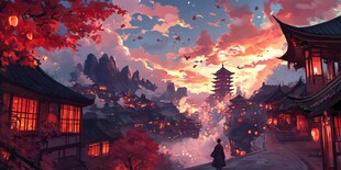 古风夜景下的浪漫漫步