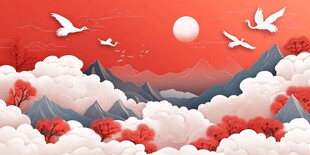 红日云海间白鹤绕山飞