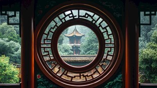 透过圆窗赏中式园林景致