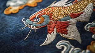 精美锦鲤刺绣图案细节