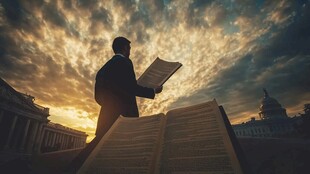 夕阳下阅读的男子剪影