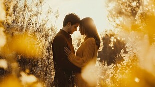 夕阳下情侣温馨相拥