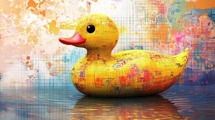 多彩涂鸦小黄鸭水中静立