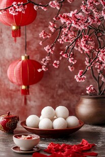 元宵佳节红灯梅花映汤圆