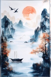 江上落日飞鸟山水图