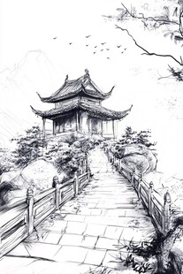 中式古亭小径山水素描图
