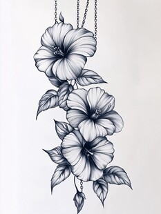 黑白扶桑花链条吊坠图案