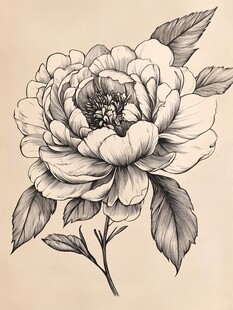 黑白手绘牡丹花图